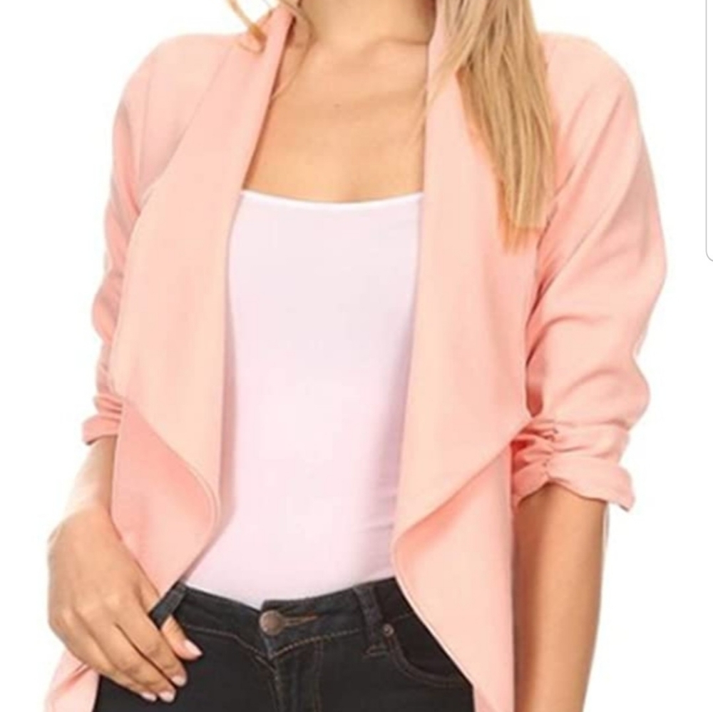 Small Light Pink 3/4 Gathered Sleeve Blazer Jacket